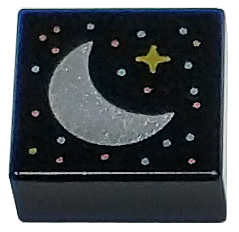 Tile 1 x 1 with Silver Crescent Moon, Gold Sparkle, and Metallic Light Blue and Metallic Pink Dots Pattern
