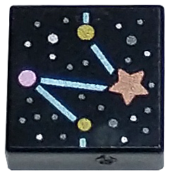 Tile 1 x 1 with Constellation with Metallic Light Blue Lines, Copper Star, and Gold, Metallic Pink, Dark Silver, and Silver Dots Pattern