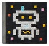 Tile 1 x 1 with Silver Robot / Alien with Antenna and Eyes, and Gold, Metallic Pink, and Copper Squares Pattern