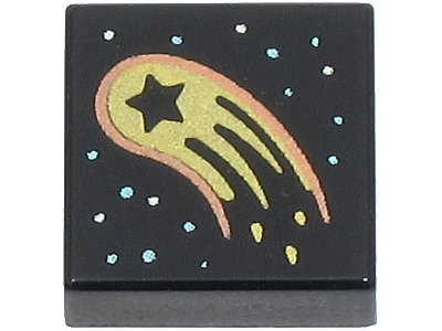Tile 1 x 1 with Gold and Copper Comet / Meteor with Star Cutout and Metallic Light Blue and Silver Stars Pattern