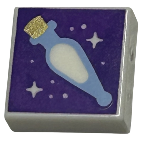 Tile 1 x 1 with Bright Light Blue Potion Vial with Gold Stopper and Dots and Sparkles on Dark Purple Background Pattern (HP Felix Felicis / Liquid Luck)