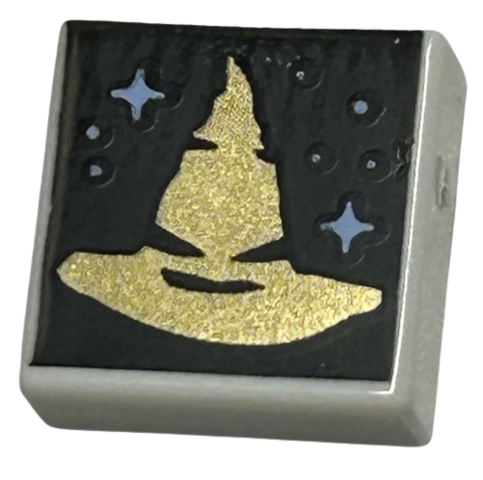 Tile 1 x 1 with Gold Witch / Wizard Hat and Bright Light Blue Dots and Sparkles on Black Background Pattern (HP Sorting Hat)