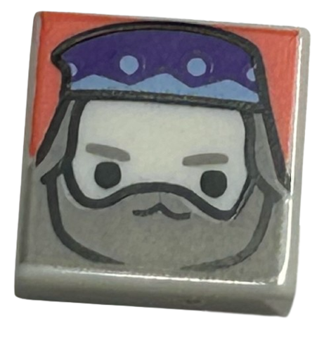 Tile 1 x 1 with Male Wizard Head with Dark Purple Hat, Light Bluish Gray Beard and Long Hair on Coral Background Pattern (HP Albus Dumbledore)