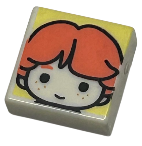 Tile 1 x 1 with Male Head with Smile, Freckles, and Coral Eyebrows and Hair on Bright Light Yellow Background Pattern (HP Ron Weasley)