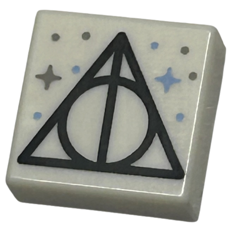 Tile 1 x 1 with Black Triangle, Line, and Circle Symbol, Bright Light Blue and Dark Bluish Gray Dots and Sparkles Pattern (HP Sign of the Deathly Hallows)