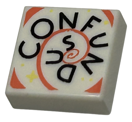 Tile 1 x 1 with Black 'CONFUNDUS', Coral Spiral, and Bright Light Yellow Dots and Sparkle Pattern