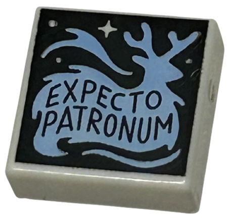 Tile 1 x 1 with 'EXPECTO PATRONUM', Bright Light Blue Wispy Stag with Antlers, Dots and Sparkle on Black Background Pattern
