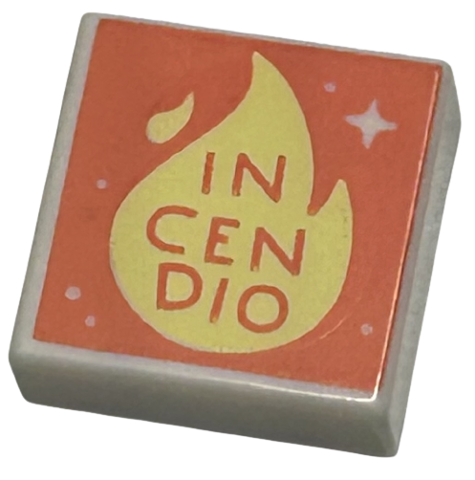 Tile 1 x 1 with 'INCENDIO', Bright Light Yellow Flame, Dots and Sparkle on Coral Background Pattern
