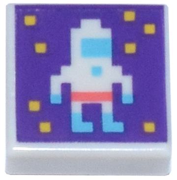 Tile 1 x 1 with Pixelated Astronaut and Yellow Dots on Dark Purple Background Pattern