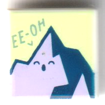 Tile 1 x 1 with Sand Green 'EE-OH', Lavender and Dark Blue Mountain with Face on Yellowish Green Background Pattern
