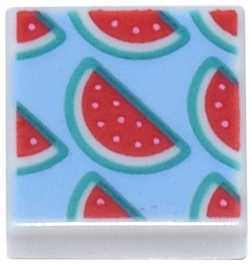 Tile 1 x 1 with Red Watermelon Slices with Bright Pink Seeds and Dark Turquoise Rinds on Bright Light Blue Background Pattern