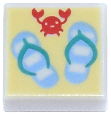 Tile 1 x 1 with Bright Light Blue and Dark Turquoise Sandals and Red Crab on Bright Light Yellow Background Pattern