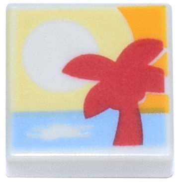 Tile 1 x 1 with Bright Light Yellow and Orange Sunset, Bright Light Blue Water, and Red Palm Tree Pattern