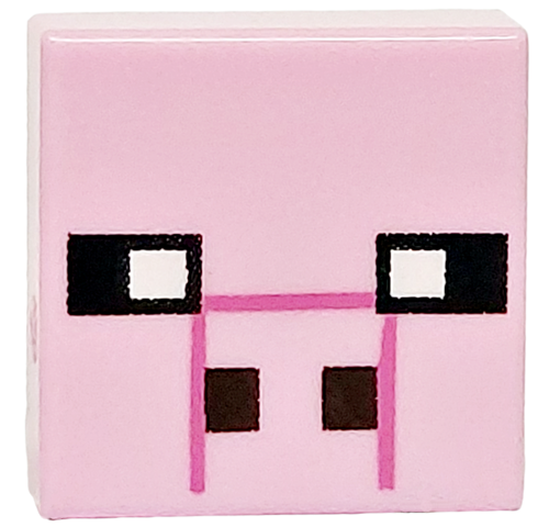 Tile 1 x 1 with Black and White Squares, Dark Brown Rectangles and Dark Pink Lines Pattern (Minecraft Micromob Pig Face)