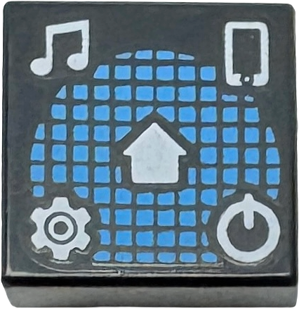 Tile 1 x 1 with White Music Notes, Cell Phone / Smartphone, Gear, Power Icon, and Home Button on Dark Azure Grid Pattern