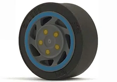 Wheel 11mm D. x 6mm with 7 Slanted Spokes with Blue Rim Edge and Yellow Bolts Pattern with Black Tire 14mm D. x 6mm Solid Smooth (30838pb01 / 50945)