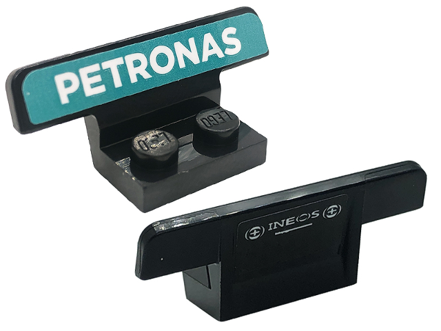 Vehicle, Spoiler 1 x 4 on 1 x 2 Base with White 'PETRONAS' on Dark Turquoise Background and White 'INEOS' Pattern (Stickers) - Set 76909