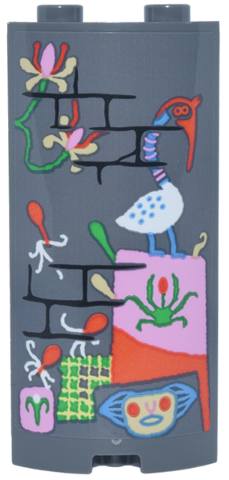 Cylinder Quarter 2 x 2 x 5 with 1 x 1 Cutout with Black Brick Wall with Paintings of Flowers and Mythical Creatures Pattern (Sticker) - Set 76467