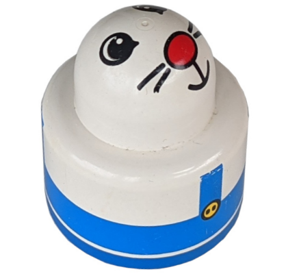Primo Brick, Round Rattle 1 x 1 with Blue Overalls and Animal Face Pattern