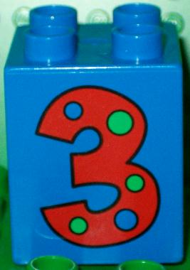 Duplo, Brick 2 x 2 x 2 with Number 3 with Polka Dots Pattern