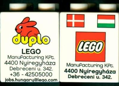 Duplo, Brick 2 x 2 x 2 with LEGO Logo, Duplo Logo, Danish and Hungarian Flag Pattern - LEGO Factory Hungary Promotional (Version with Postal Address)