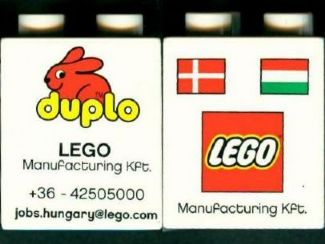 Duplo, Brick 2 x 2 x 2 with LEGO Logo, Duplo Logo, Danish and Hungarian Flag Pattern-LEGO Factory Hungary Promotional (Version without Postal Address)
