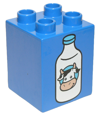 Duplo, Brick 2 x 2 x 2 with Milk Bottle with Cow Head Pattern