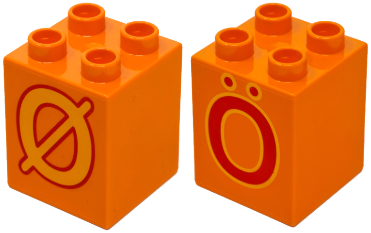 Duplo, Brick 2 x 2 x 2 with Capital Letter O with Stroke (Ø) and O with Diaeresis (Ö) Pattern on Opposite Sides