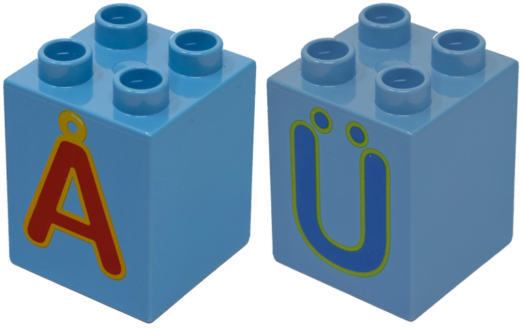 Duplo, Brick 2 x 2 x 2 with Capital Letter A with Ring (Å) and U with Diaeresis (Ü) Pattern on Opposite Sides