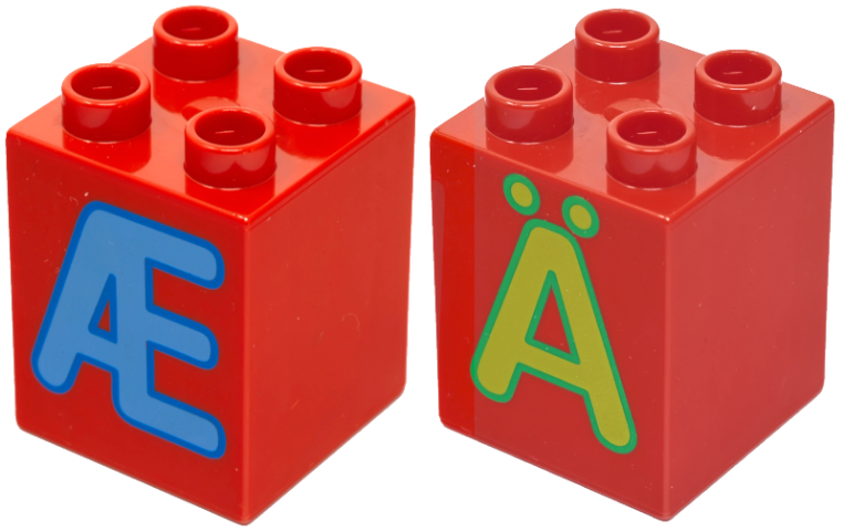 Duplo, Brick 2 x 2 x 2 with Capital Letter Æ and A with Diaeresis (Ä) Pattern on Opposite Sides