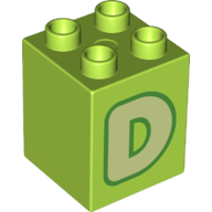 Duplo, Brick 2 x 2 x 2 with Yellowish Green Capital Letter D with Green Outline Pattern