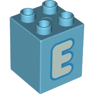 Duplo, Brick 2 x 2 x 2 with Light Aqua Capital Letter E with Dark Azure Outline Pattern