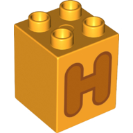 Duplo, Brick 2 x 2 x 2 with Orange Capital Letter H with Reddish Brown Outline Pattern