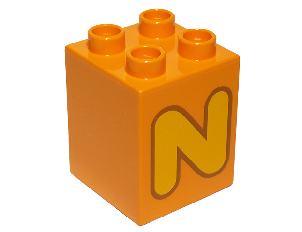 Duplo, Brick 2 x 2 x 2 with Bright Light Orange Capital Letter N with Reddish Brown Outline Pattern