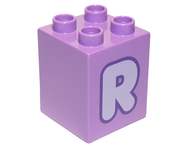 Duplo, Brick 2 x 2 x 2 with Lavender Capital Letter R with Dark Purple Outline Pattern