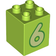 Duplo, Brick 2 x 2 x 2 with Yellowish Green Number 6 with Green Outline Pattern