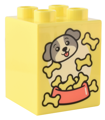 Duplo, Brick 2 x 2 x 2 with Light Bluish Gray and White Puppy Face, Coral Food Bowl, and Bones Pattern