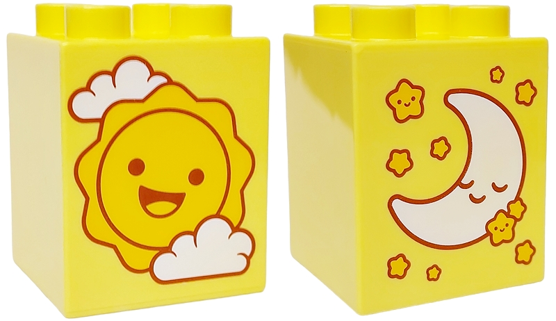 Duplo, Brick 2 x 2 x 2 with Yellow Sun and White Clouds / Crescent Moon and Stars Pattern
