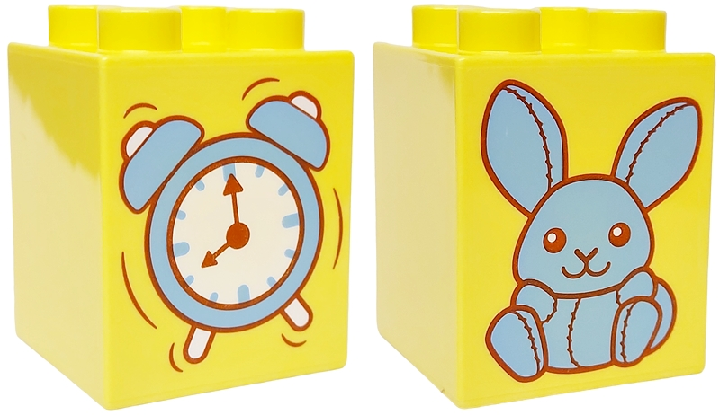 Duplo, Brick 2 x 2 x 2 with Bright Light Blue Alarm Clock / Bunny Rabbit Pattern