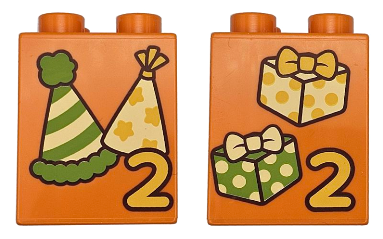 Duplo, Brick 2 x 2 x 2 with Number 2 and Bright Light Yellow, Yellow and Lime Party Hats with Stripes and Stars / Presents / Gifts with Bows Pattern