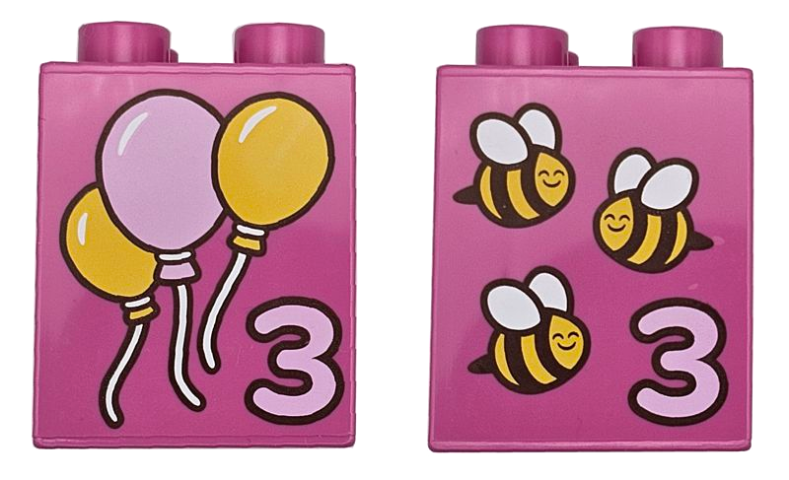Duplo, Brick 2 x 2 x 2 with Number 3 and Yellow and Bright Pink Balloons / Bees with Dark Brown Stripes and White Wings Pattern