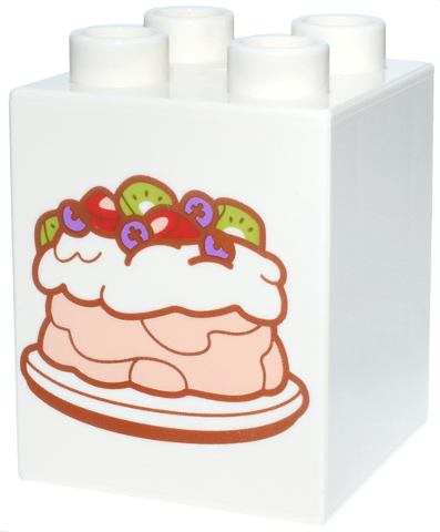 Duplo, Brick 2 x 2 x 2 with Light Nougat Desert Cake, Icing and Red Strawberries, Lime Kiwi Fruit, and Medium Lavender Blueberries Pattern