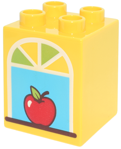 Duplo, Brick 2 x 2 x 2 with White and Lime Window, Reddish Brown Sill, Red Apple and Medium Azure Sky Pattern