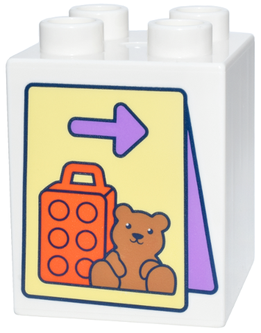 Duplo, Brick 2 x 2 x 2 with Bright Light Yellow Sign, Medium Lavender Arrow, Reddish Orange Rolling Luggage, Medium Nougat Teddy Bear Pattern