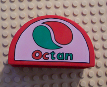 Duplo, Brick 2 x 4 x 2 Slope Curved Double with Octan Logo on White Background Pattern
