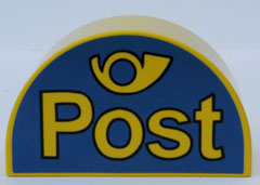 Duplo, Brick 2 x 4 x 2 Slope Curved Double with 'Post' and Horn on Blue Background Pattern