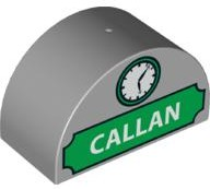 Duplo, Brick 2 x 4 x 2 Slope Curved Double with White 'CALLAN' on Green Background and Clock Pattern