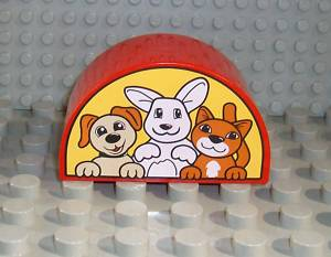 Duplo, Brick 2 x 4 x 2 Slope Curved Double with Dog, Cat, and Bunny / Rabbit on Yellow Background Pattern