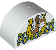 Duplo, Brick 2 x 4 x 2 Slope Curved Double with Horse Head in Horseshoe and Flowers Pattern