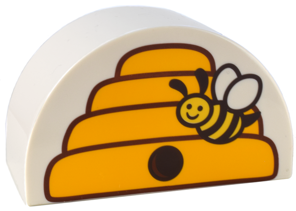 Duplo, Brick 2 x 4 x 2 Slope Curved Double with Bee and Bright Light Orange and Reddish Brown Beehive Pattern